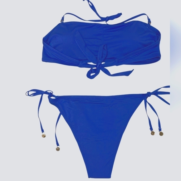 BEBE 2-Piece Rhinestone Triangle Dazzling Blue Bandeau Bikini Swimsuit L - Picture 2 of 6